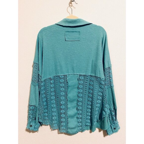 POL Anthropologie Top Womens Medium Teal Blue Crochet Trim Balloon Sleeve Boho - Picture 4 of 8